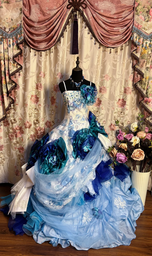 Blue Straps A-Line Floral Printed Retro Long Evening Dress Birthday Ball Gown, D834