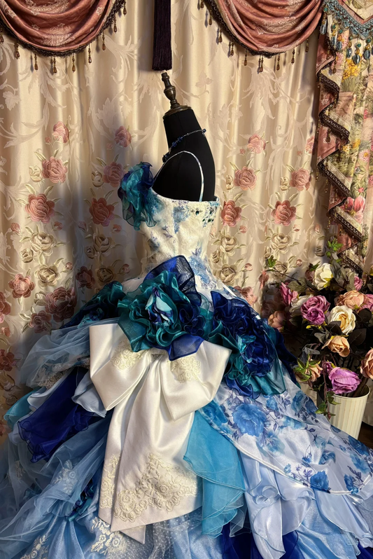 Blue Straps A-Line Floral Printed Retro Long Evening Dress Birthday Ball Gown, D834