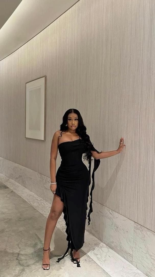 Sexy Black One Shoulder Sheath Ruffles Long Evening Party Dresses, D1273