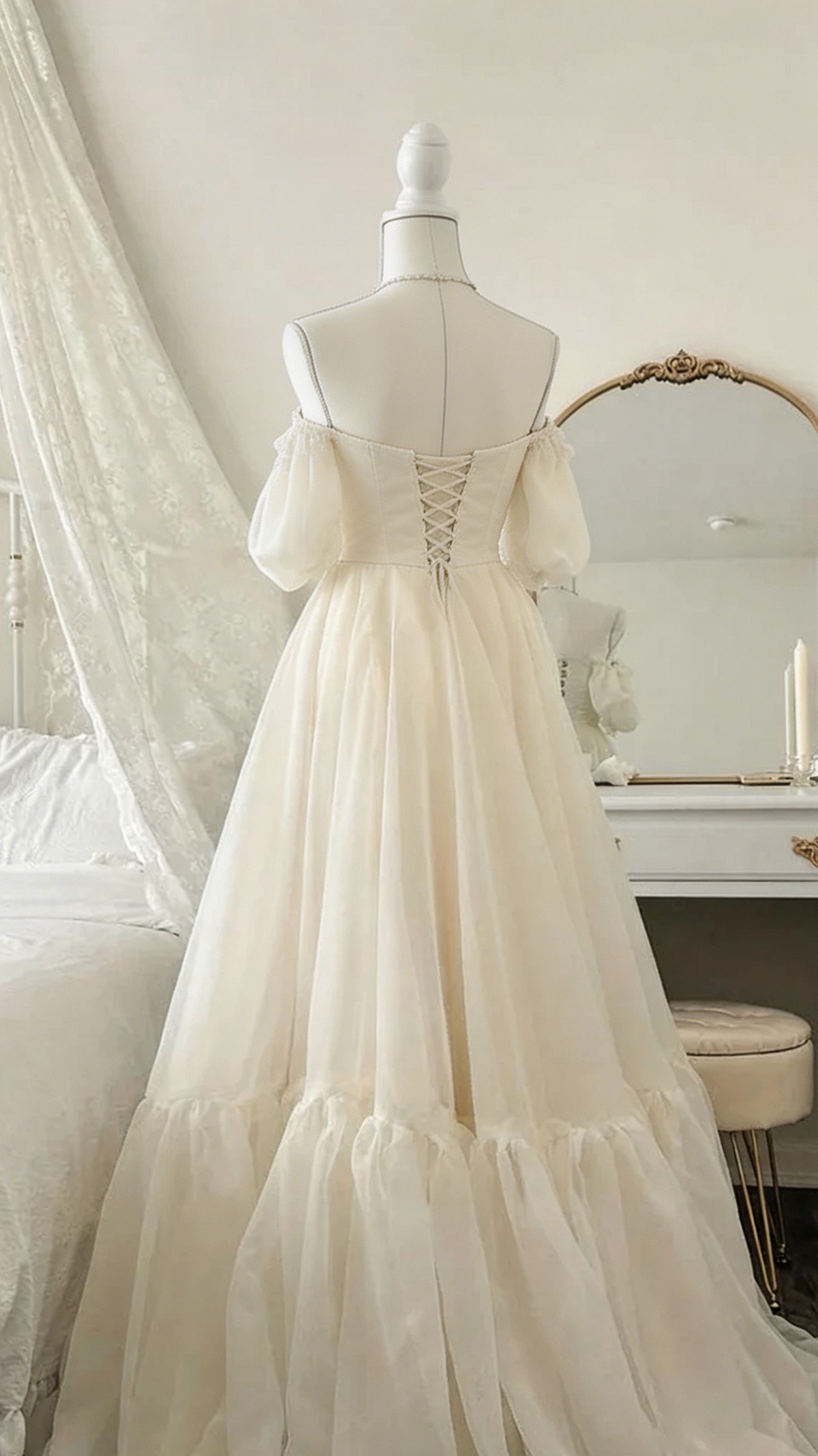 Robe longue de soirée en mousseline de soie ivoire à épaules dénudées, coupe trapèze, robe d'anniversaire, D21