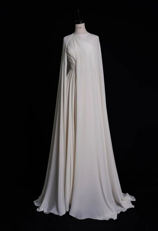 Elegant Ivory A-Line Chiffon Long Party Dress Evening Gown with Cape, D937