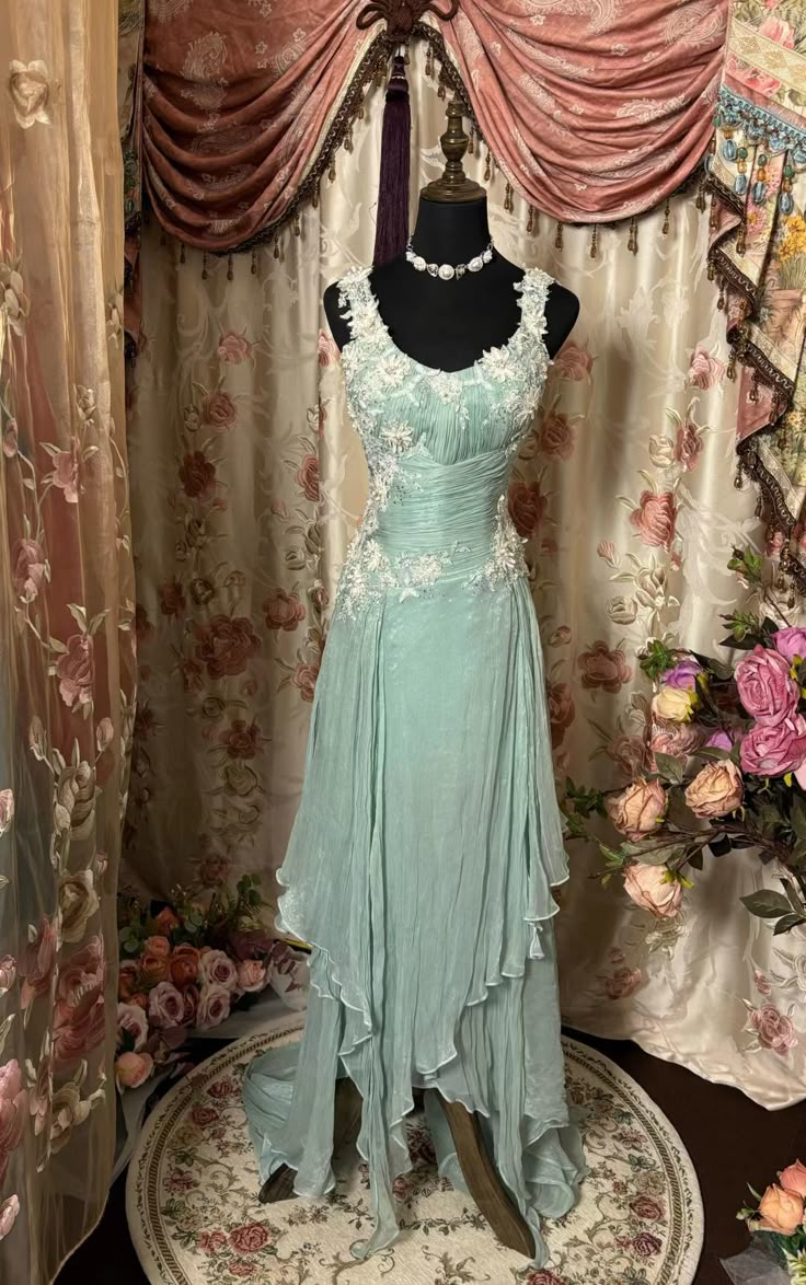 Tiffany Blue Straps A-Line Chiffon Appliques Party Dress Vintage Evening Dress, D926