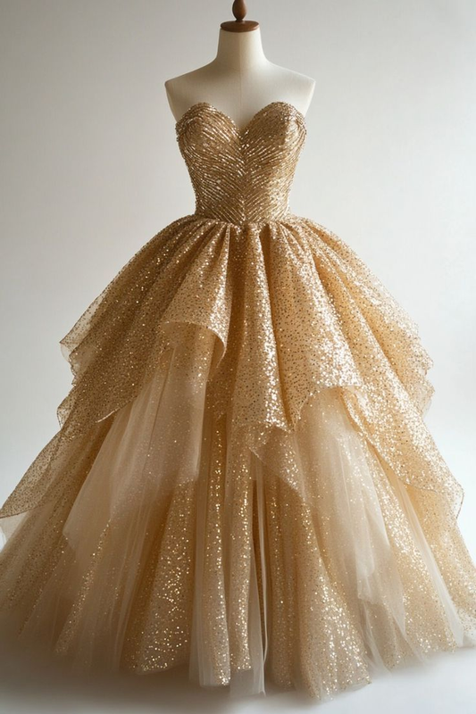 Gold Sweetheart A-Line Sequins Long Prom Dress Evening Ball Gown, D906