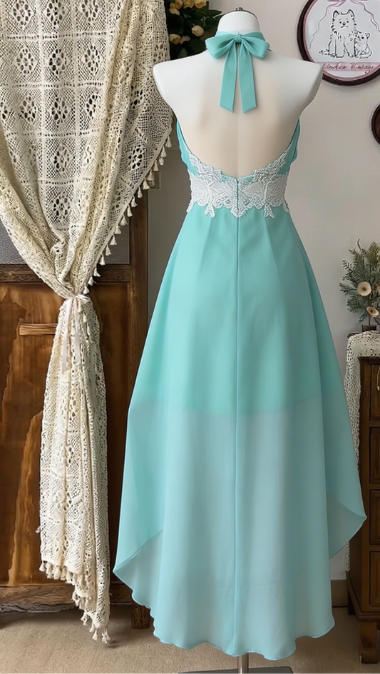 Stunning Homecoming Dress Halter Lace Hi-Lo Back to School Outfits Party Dress  D6527