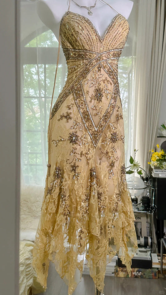 Vintage Sequin Appliques Spaghetti Strap A-line V-neck Irregular Hem Party Dresses Homecoming Dresses, D1330