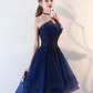 Retro Navy Blue Strapless Ruffled Hem Design A-line Tulle Party Dress Homecoming Dress D1544