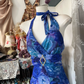 Vintage Navy Blue Floral V-neck Halter Dress Elegant A-Line Long Evening Dress Prom Dresses D1672