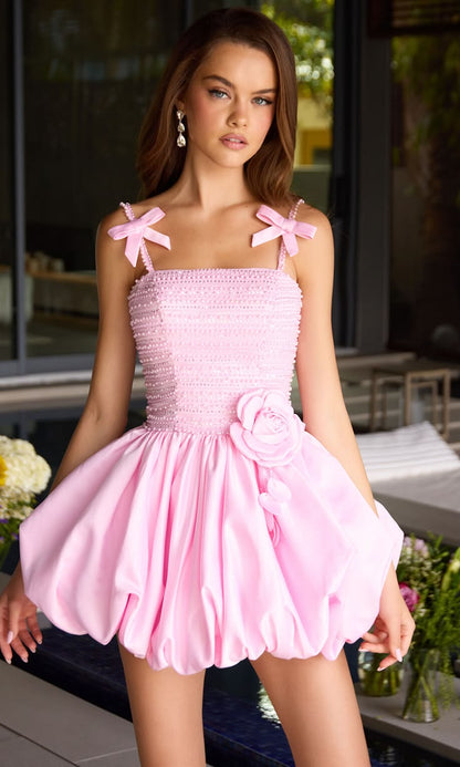 Unique Homecoming Dress Spaghetti Strap Pleated Bead Flower Back to School Outfits Party Dress D7810