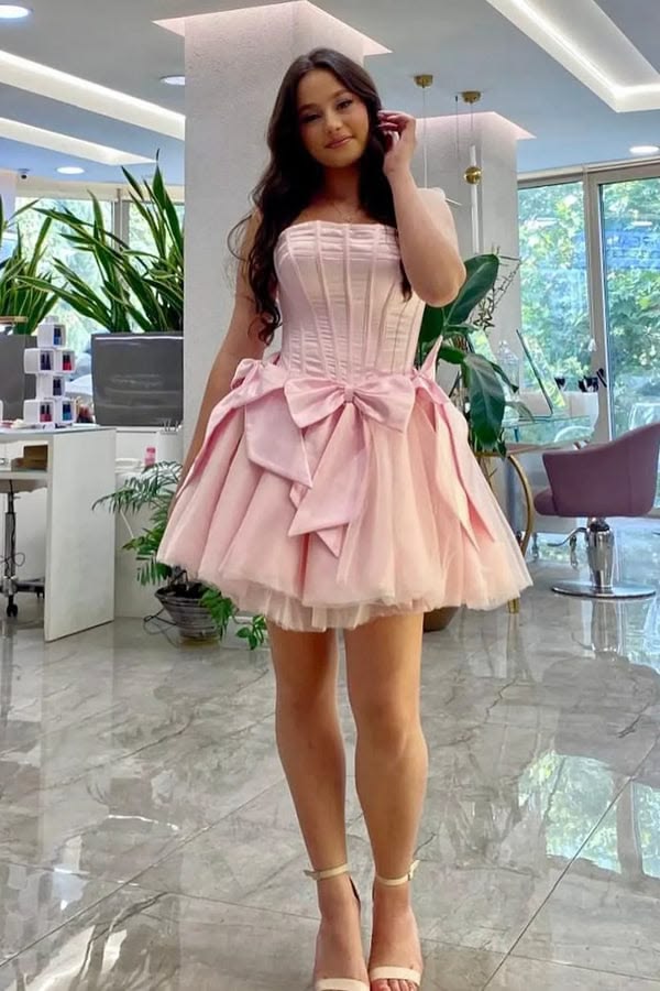 Fashionable Homecoming Dress Strapless Bowknot Tulle A-Line Back to School Outfits Party Dress D7832