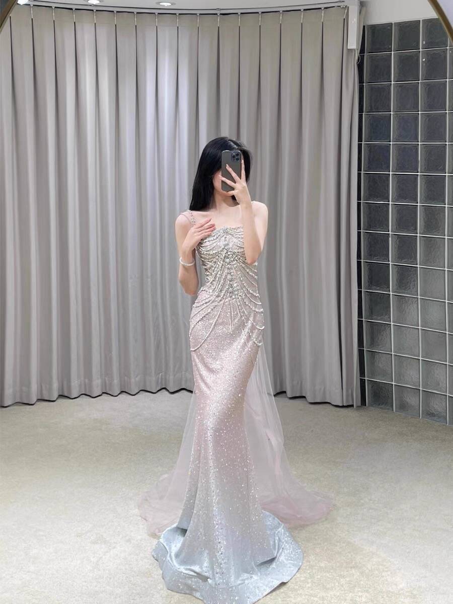 Pink Straps Off Shoulder Beading Mermaid Long Formal Party Dress, D282