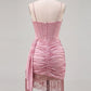 Fashionable Homecoming Dress Spaghetti Strap V Neck Rineatone Pleated Bead Tassel Back to School Outfits Party Dress D7842