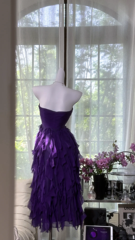 Elegant Purple Sweetheart Strapless Romantic A-Line Chiffon Tiered Evening Dress Prom Dresses D1609