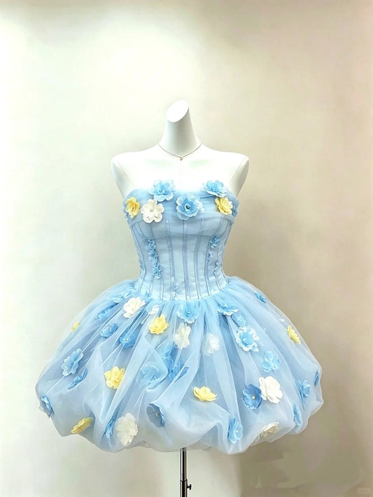 New Homecoming Dress Strapless Flower Tulle Bead Back to School Outfits Party Dress Birthday Dress D7544