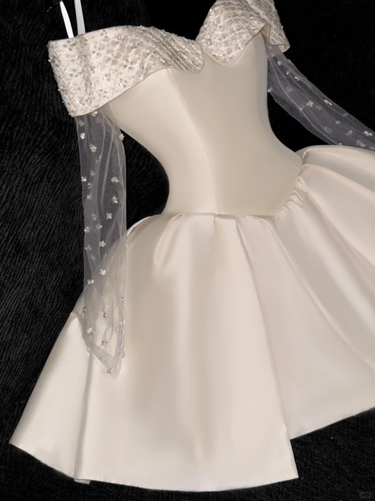 Elegant Ivory Off-the-shoulder Simple Design A-Line Satin Short Homecoming Dress Party Dress D1660
