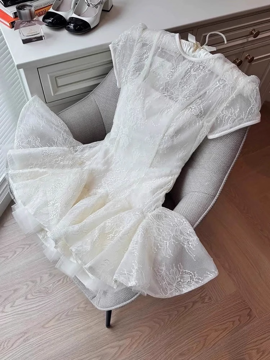 White Applique Design A-line Lace Short-sleeved  Party Dress Homecoming Dresses D1448