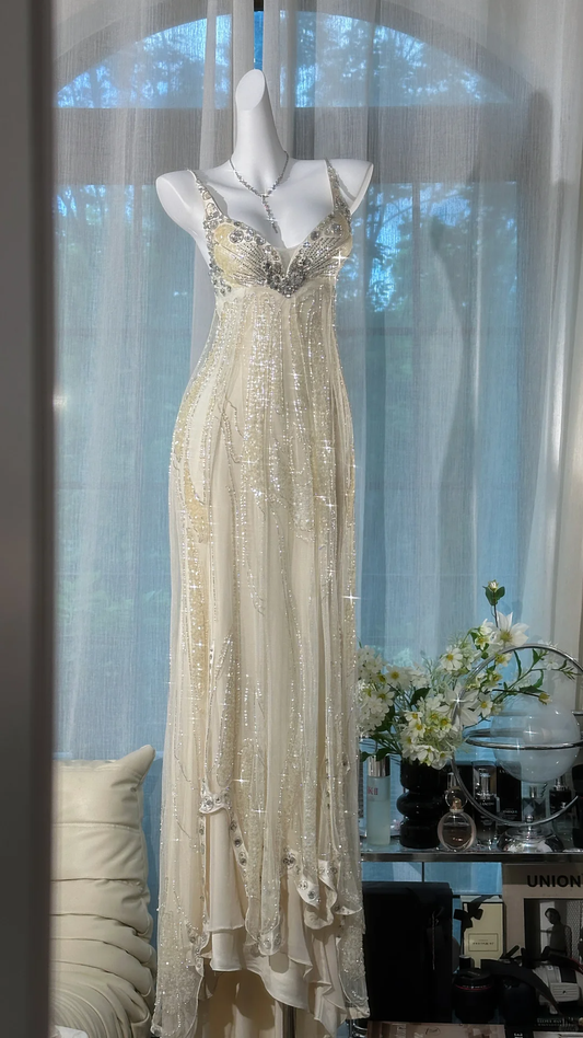 Gorgeous Shiny Beige Beaded Sequin Spaghetti Strap Design Chiffon Prom Dress Evening Dress  D1704