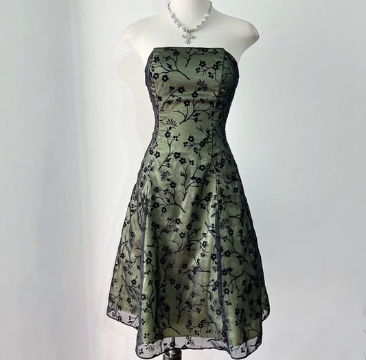 Green Strapless A-Line Midi Length Cocktail Dresses Vintage Party Dresses , D1213