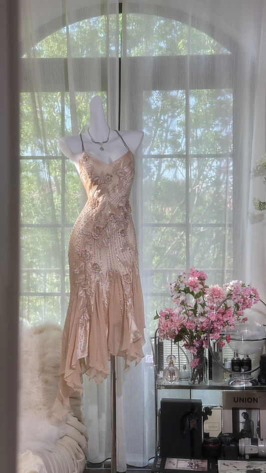 Vintage Champagne Sparkling Beaded Spaghetti Strap Romantic Chiffon Evening Dress Prom Dresses, D1462