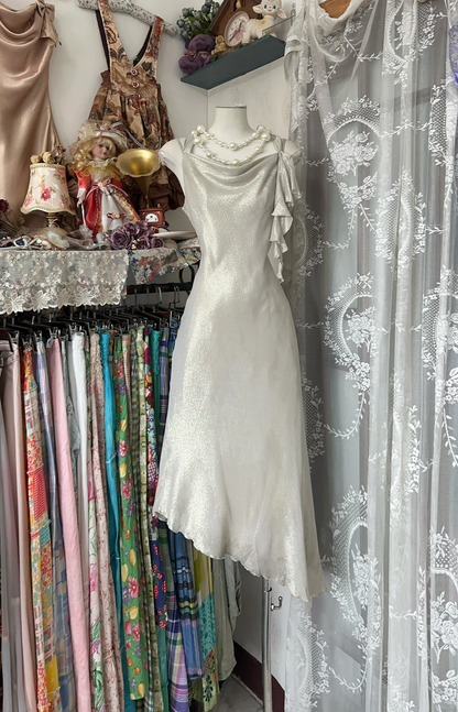 Vintage Silvery Irregular Hem Design A-Line Spaghetti Strap Prom Dress Evening Dress D1681