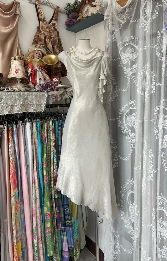 Vintage Silvery Irregular Hem Design A-Line Spaghetti Strap Prom Dress Evening Dress D1681