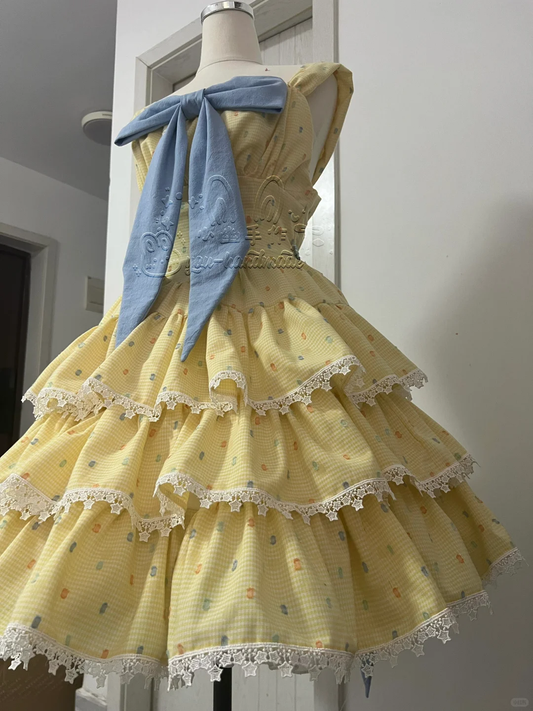 Cute Yellow Floral Lace Hem Design Tiered Party Dress Homecoming Dress D1708