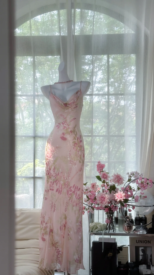 Retro Pink Floral Spaghetti Strap Romantic Chiffon Evening Dress Prom Dresses, D1461