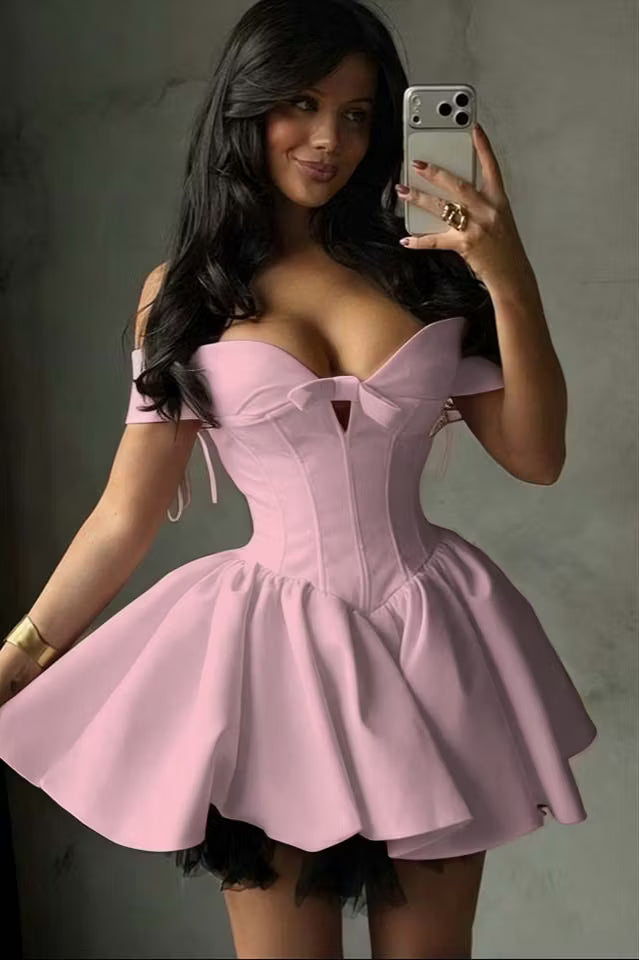Charming Homecoming Dress Off the Shoulder Pleated Tulle Bowknot Back to School Outfits Party Dress  D7325