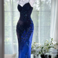 Gorgeous Navy Blue Sparkling Beaded V-neck Elegant Mermaid Chiffon Evening Dress Prom Dresses D1611