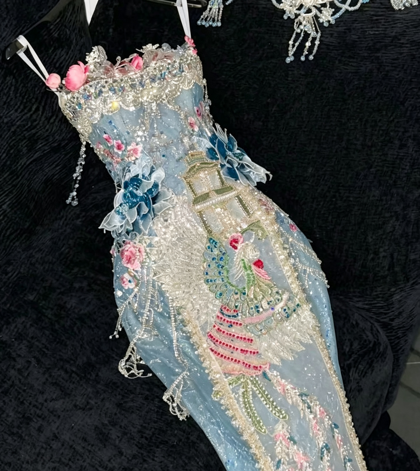 Chic Spaghetti Strap Embroidery Sequins Hugging Mermaid Flower Rinestone Long Party Dress Prom Gown Evening Dress D7490