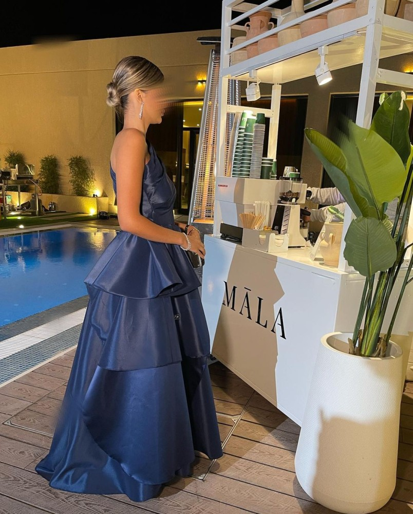 Navy Blue One Shoulder A-Line Satin Long Formal Evening Party Dress MD7824