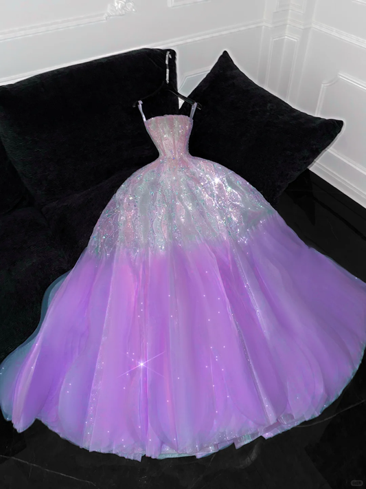 Gorgeous Purple Shiny Sequin Princess Dress Elegant A-Line Floor-length Evening Dress Prom Dresses D1661