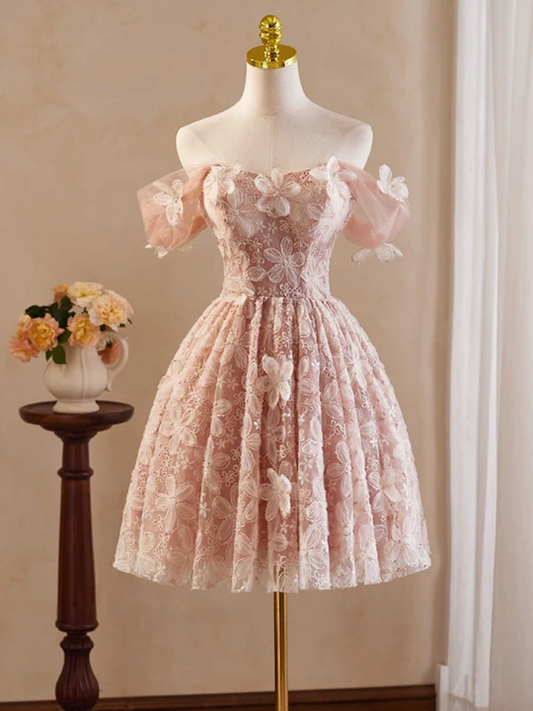Retro Pink Applique Off-the-shoulder Design A-line Tulle Party Dress Homecoming Dress D1551
