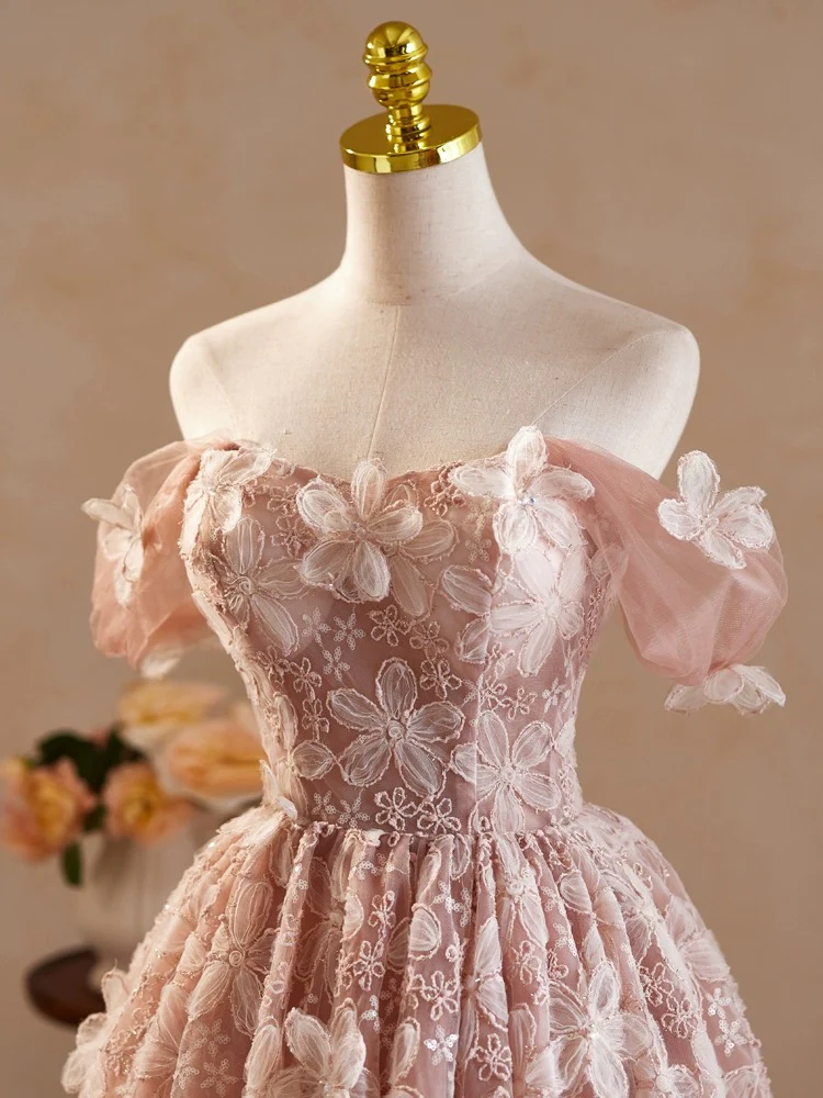 Retro Pink Applique Off-the-shoulder Design A-line Tulle Party Dress Homecoming Dress D1551