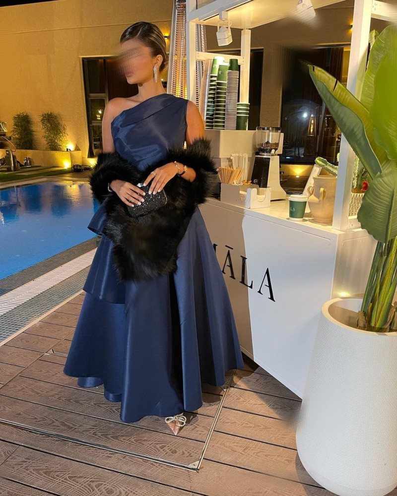 Navy Blue One Shoulder A-Line Satin Long Formal Evening Party Dress MD7824