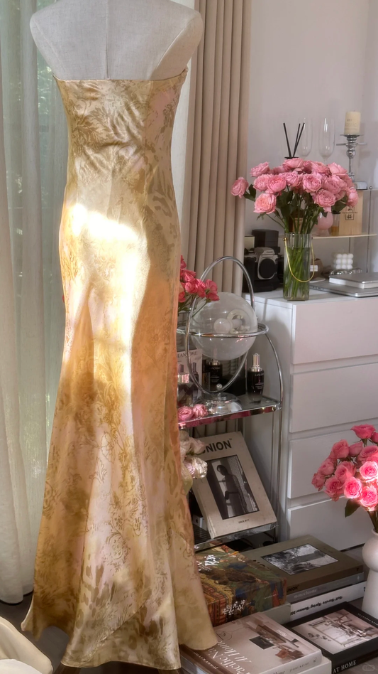 Retro Golden Strapless Floral Elegant Design A-line Beaded Romantic Chiffon Evening Dress Prom Dress D1476