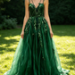 Green Straps A-Line V Neck Tulle Appliques Long Party Dress Formal Evening Gown, D426