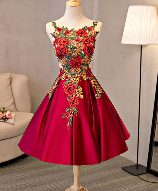 Vintage Red Floral Embroidery Design A-line Lace-up Satin Party Dress Homecoming Dress D1548