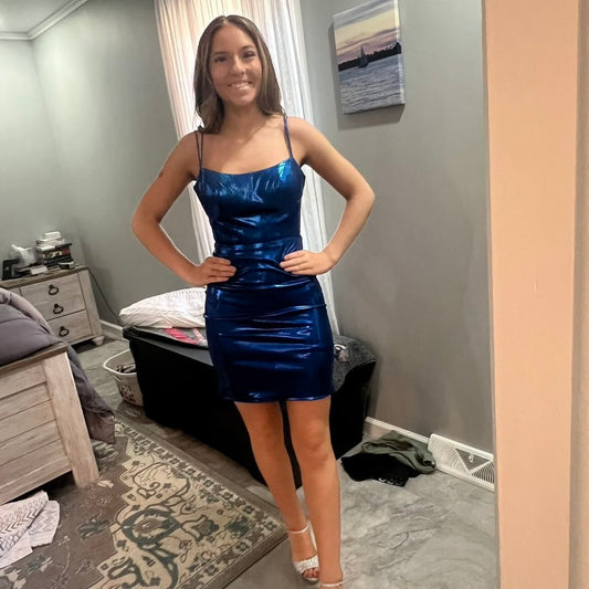 Pretty Homecoming Dress Spaghetti Strap Hugging Pleated Back to School Outfits Party Dress D6714