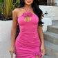 Beauty Homecoming Dress Halter Flower Pleated Hugging Back to School Outfits Party Dress D7044