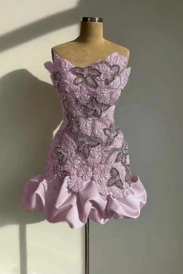 Chic Homecoming Dress Strapless Pleaed Beading Flower Rinestone Back to School Outfits Party Dress  D7400