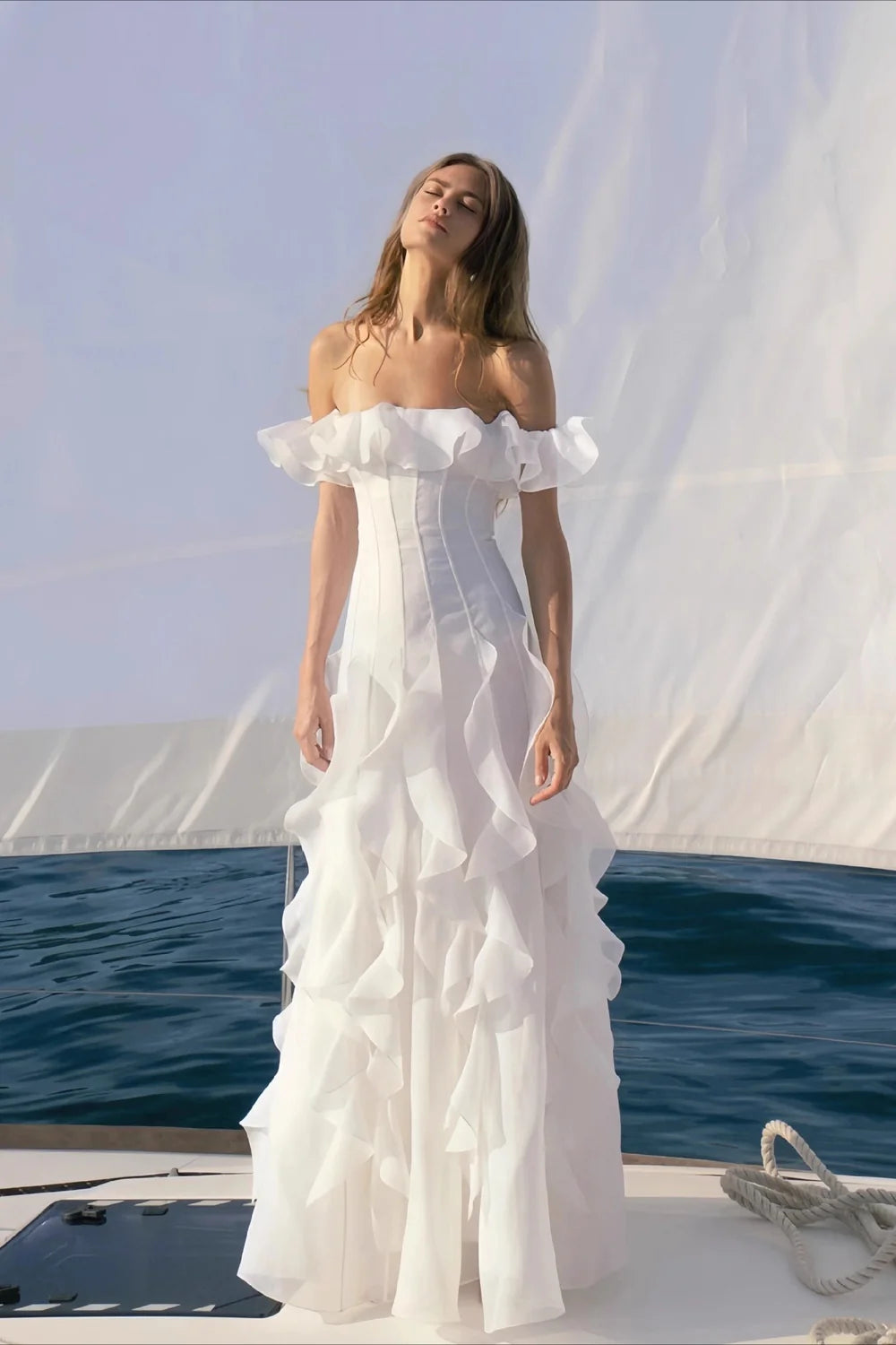 Elegant Wedding Dress Off the Shoulder Pleated Flouncing A Line Cascade Wedding Dress Prom Dress D7232