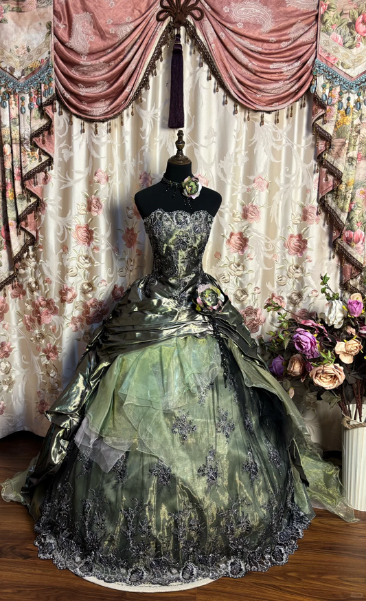 Green Strapless A-Line Satin Lace Long Evening Dress Birthday Ball Gown, D833