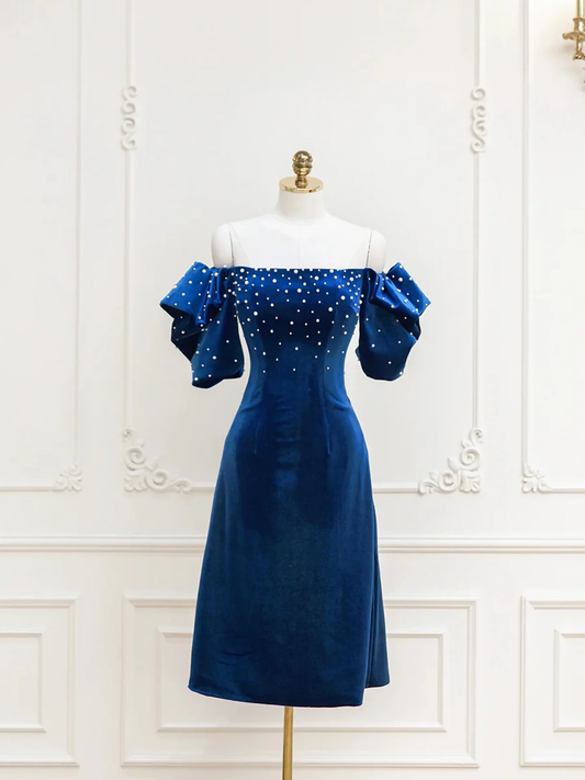 Dark Blue Off Shoulder Midi Cocktail Dress with Pearls MD7203