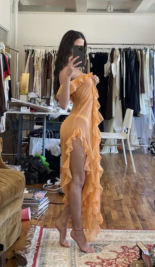 Hellorange trägerloses Rüschen langes Partykleid Sexy Abendkleid, D927