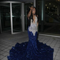 Royal Blue Sequins Black Girl Mermaid Long Evening Party Dress MD7469