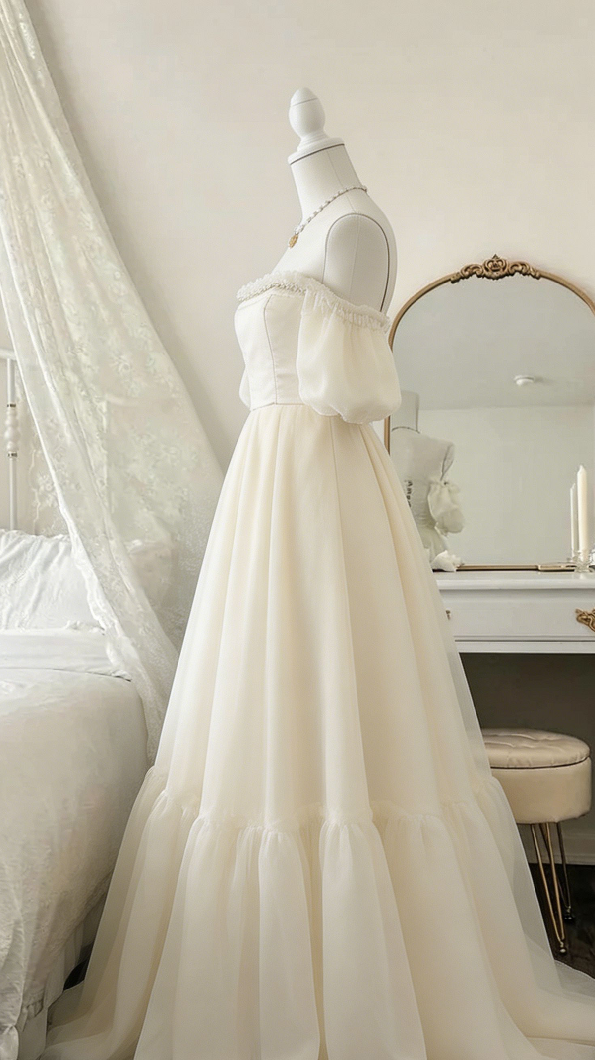 Robe longue de soirée en mousseline de soie ivoire à épaules dénudées, coupe trapèze, robe d'anniversaire, D21
