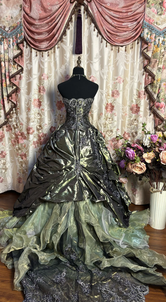 Green Strapless A-Line Satin Lace Long Evening Dress Birthday Ball Gown, D833
