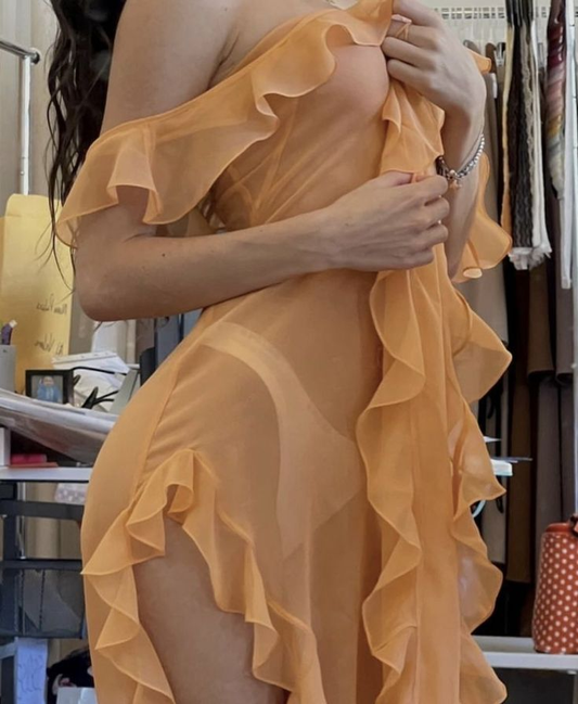 Hellorange trägerloses Rüschen langes Partykleid Sexy Abendkleid, D927