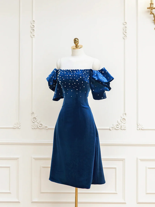 Dark Blue Off Shoulder Midi Cocktail Dress with Pearls MD7203