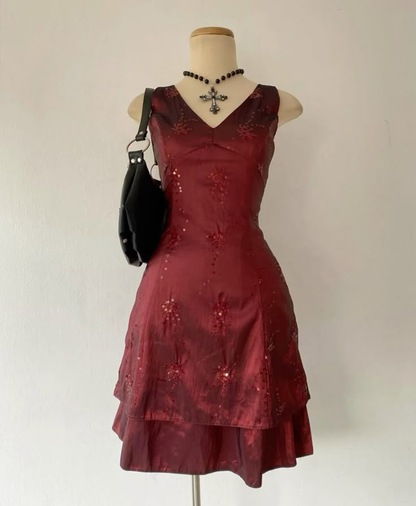 Robe de soirée courte trapèze vintage à col en V, élégante robe de cocktail, D745